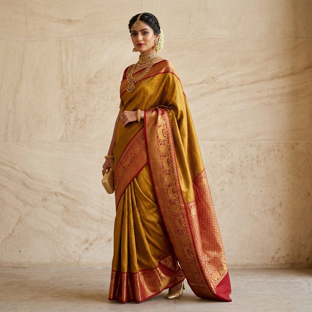 Model wearing premium gold Kanchipuram saree